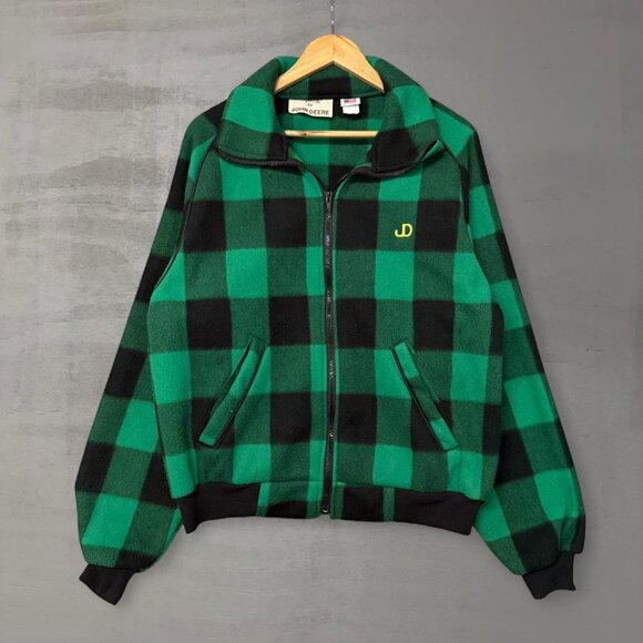 Vintage John Deere 70s Green Plaid Zip Up Western Farm Sweater Jacket Large - Picture 1 of 6